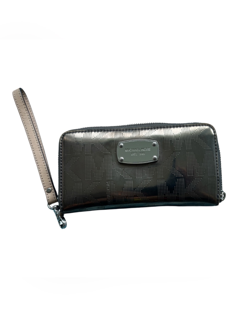 Michael Kors Glossy Bronze Patent Wristlet Wallet Beige Strap